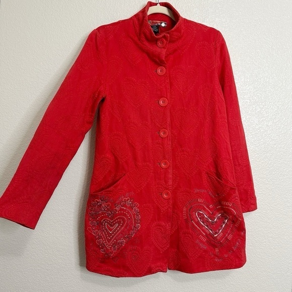 Desigual Red Heart Embroidered Jacquard Long Sleeves Peacoat, Sz Medium - Picture 3 of 14